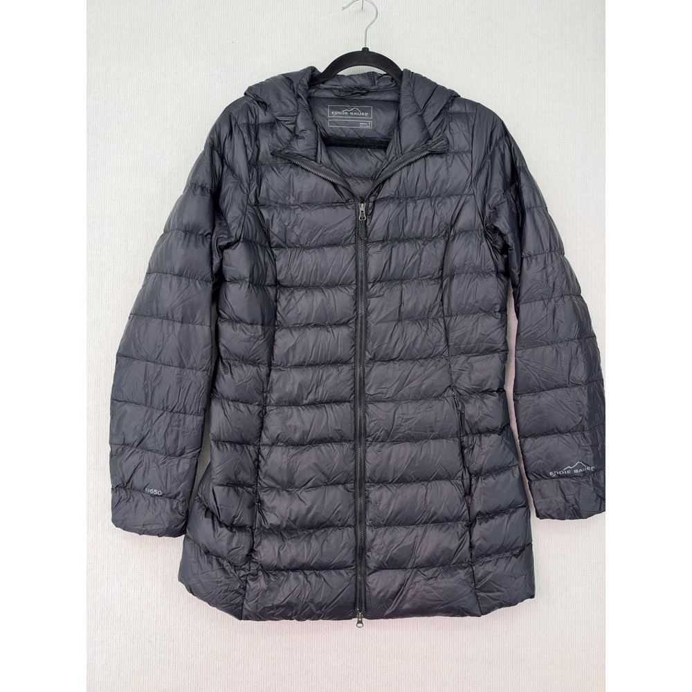 Eddie Bauer EB650 Women's Small Black Down Puffer Hooded Long Coat Jacket